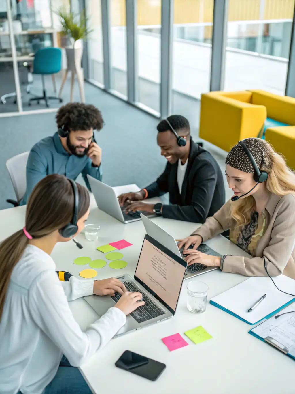 An image of a diverse team of call center professionals, including German and English speakers, collaborating on a project.