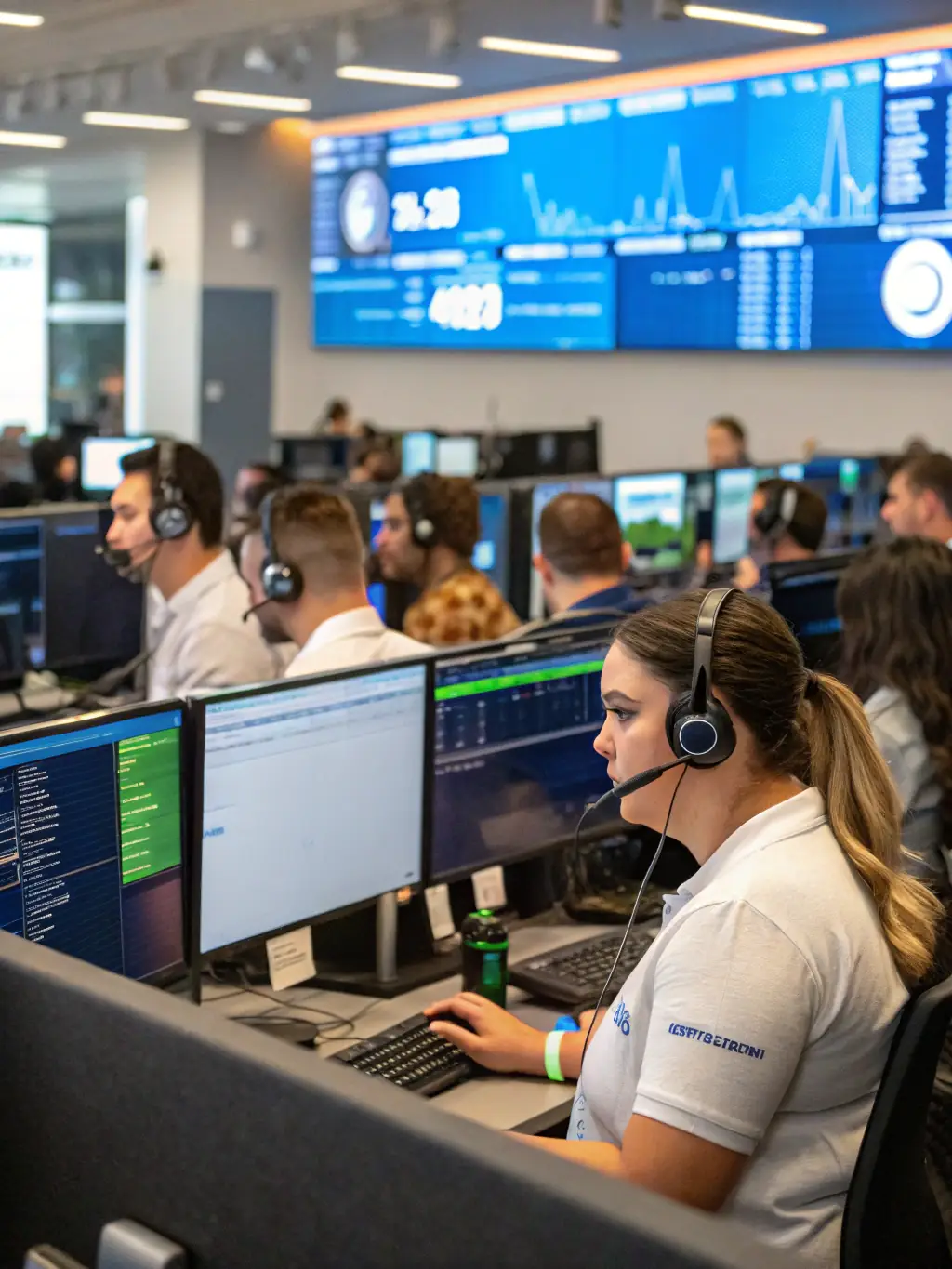 A professional call center environment with agents actively working and collaborating, showcasing a positive and productive atmosphere.