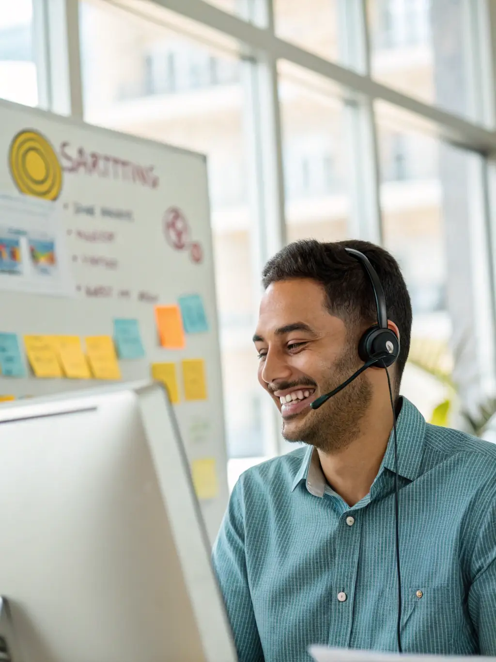 An image showing a call center agent engaging with a satisfied customer, with a focus on data and lead quality, illustrating the high-quality leads International Brokers HUB offers.